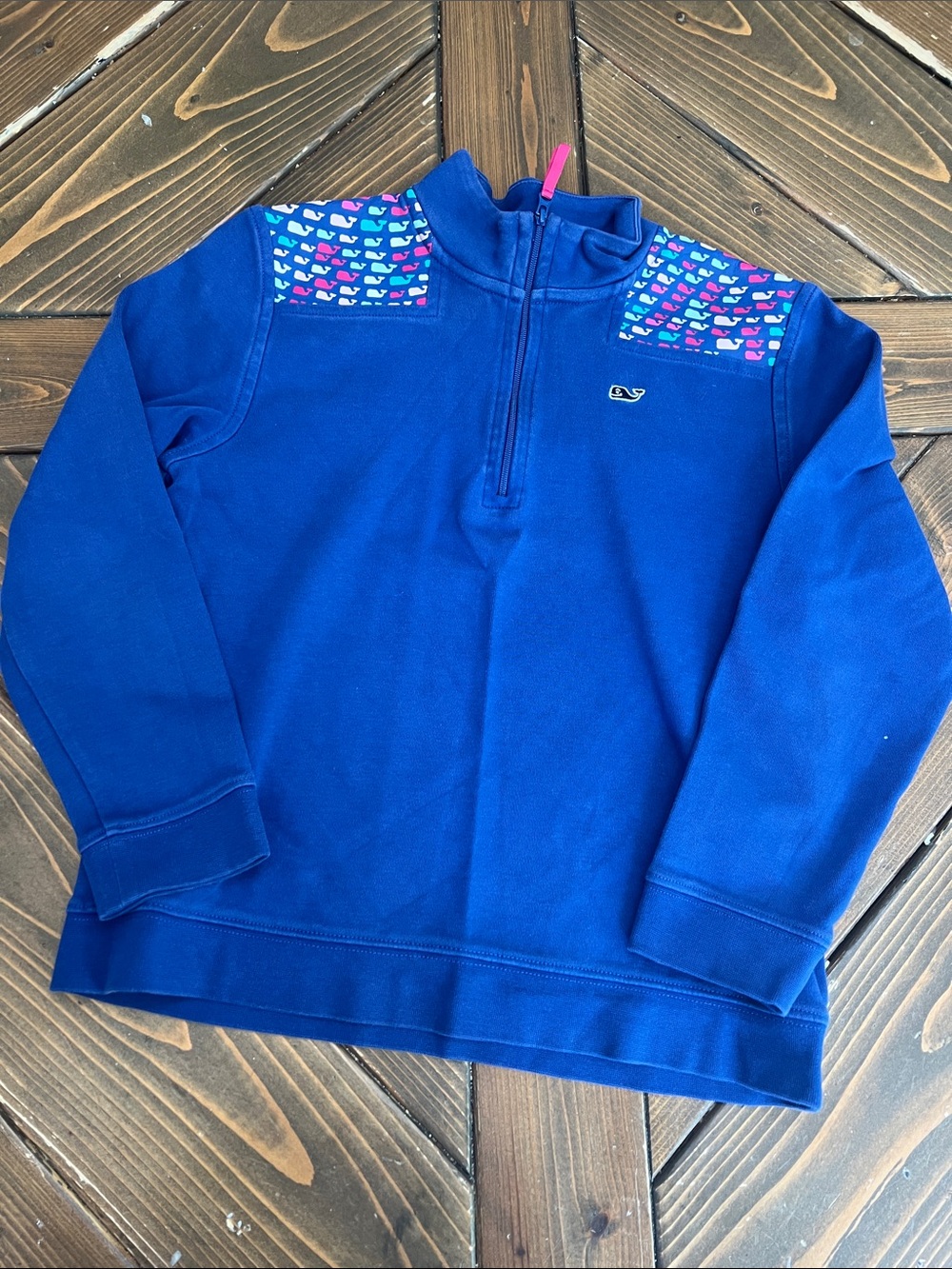 Vineyard Vines Royal Blue Quarter-Zip with Multicolor Whale Shoulders